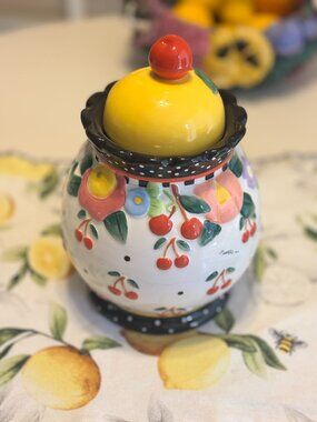 Vintage Mary Engelbreit Oh So Breit Canister Cookie Jar Yellow Lid 2000 Cherries